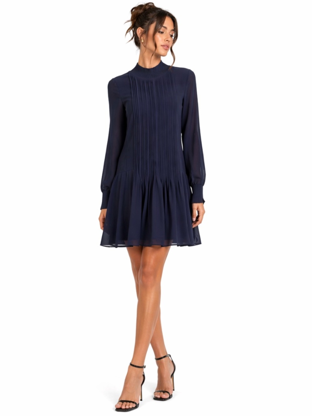 Club Monaco Midnight Blue Pleated Sheer Sleeve Dress Knit Collar Cuffs โ Size 00